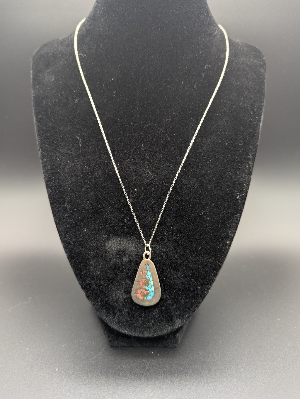 Turquoise and Coral Inlay Silver Pendant