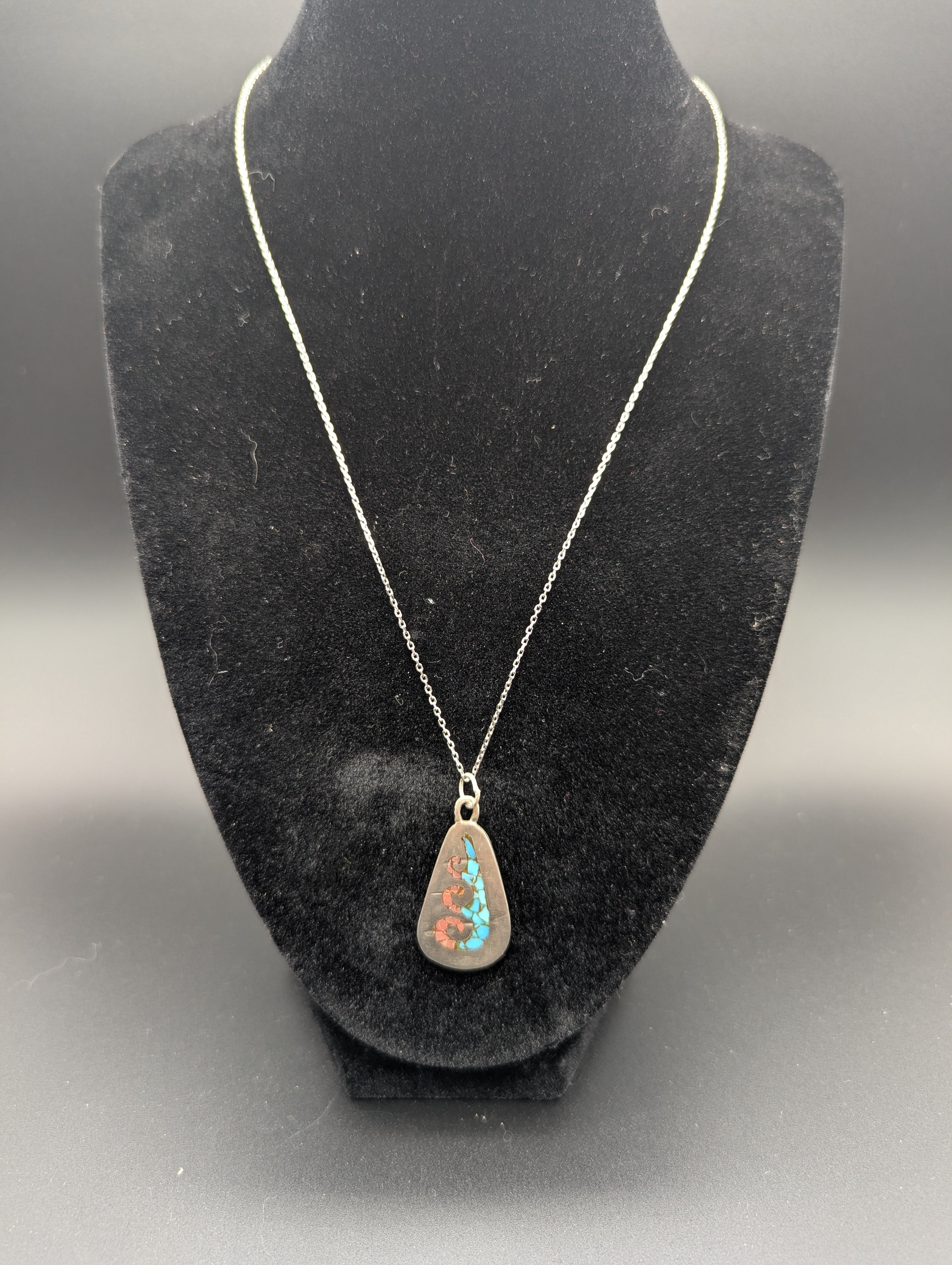 Turquoise and Coral Inlay Silver Pendant